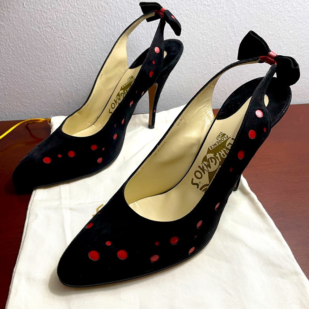 Authentic Salvatore Ferragamo Heels, Suede, black and red dots, size 10